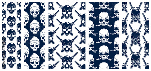 Black skulls seamless vector background set, endless pattern with horror death sculls, stylish wallpaper of hard rock culture music fashion theme, gothic image collection.