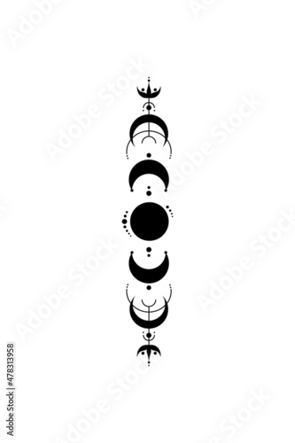Monochrome elegant vector illustration of moon phases isolated on white background. Astrology, witch art, magic logo, boho style print, feminine tattoo concept. Mystical crescent moon clipart.