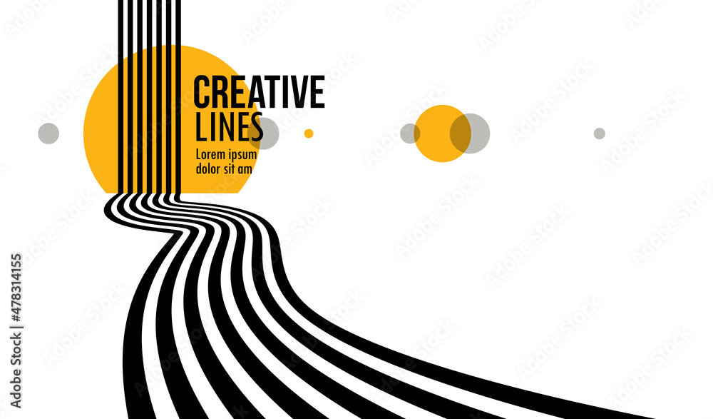 3D black and white lines in perspective with yellow elements abstract vector background, linear perspective illustration op art, road to horizon.