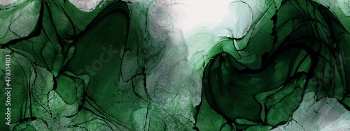 Dark green painting, hand drawn art, modern alcohol ink illustration, fluid decoration design, liquid wallpaper for print, earth tone, greenery concept
