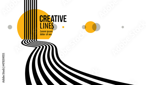 3D black and white lines in perspective with yellow elements abstract vector background, linear perspective illustration op art, road to horizon.