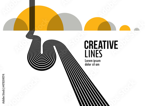 Linear composition vector road to horizon, abstract background with lines in 3D perspective, optical illusion op art, black and yellow colors.