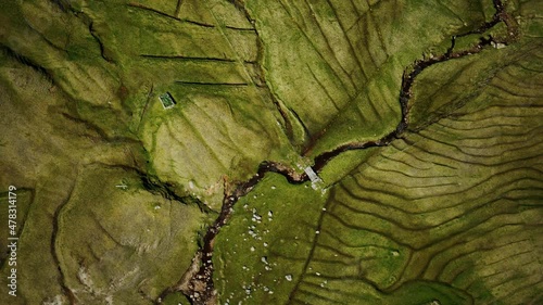 aerial view of green landscape in Faroe Islands