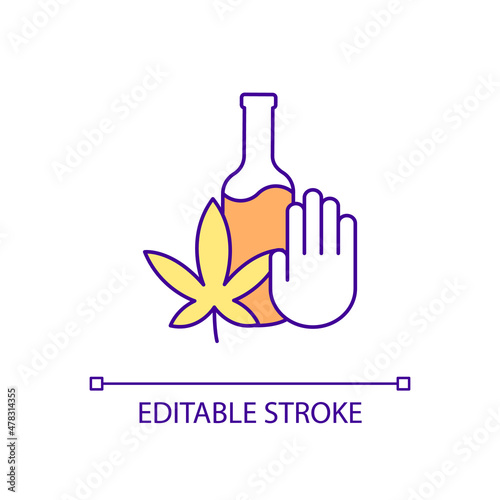 Cope with alcohol and drugs dependence RGB color icon. Overcoming bad habits. Substance abuse treatment. Isolated vector illustration. Simple filled line drawing. Editable stroke. Arial font used