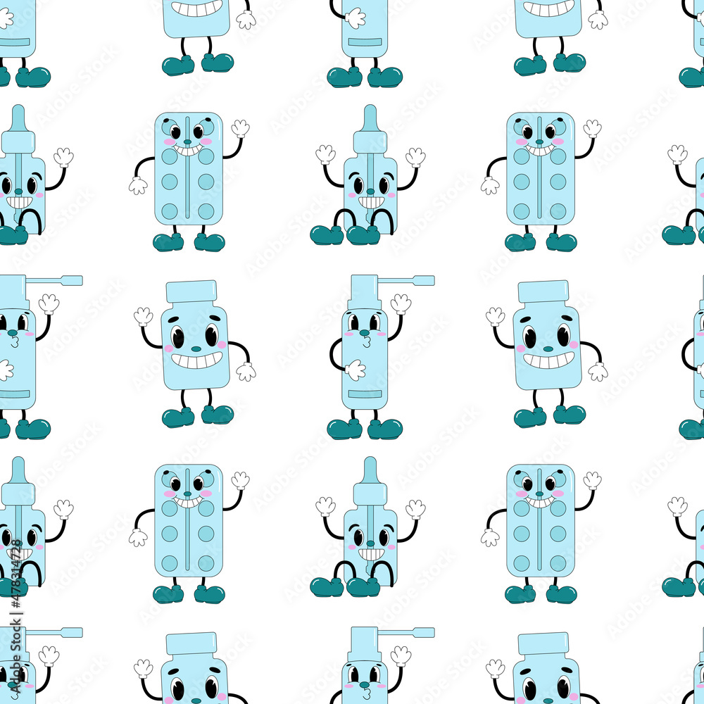 Seamless pattern with cute medicines in cartoon style. Traditional Seamless pattern with cute medicines in cartoon style. Traditional