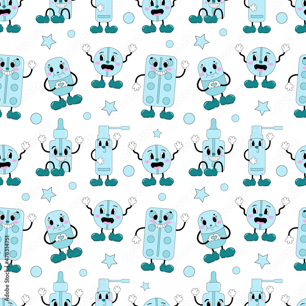 Seamless pattern with cute medicines in cartoon style. Traditional Seamless pattern with cute medicines in cartoon style. Traditional