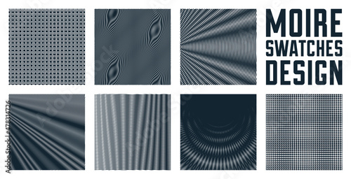 Abstract vector backgrounds set made with linear Moire, op art effect surreal textures, sound and music waves theme, black and white grid abstractions.