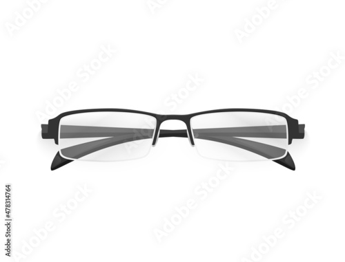 Black glasses with transparent lenses on a white background