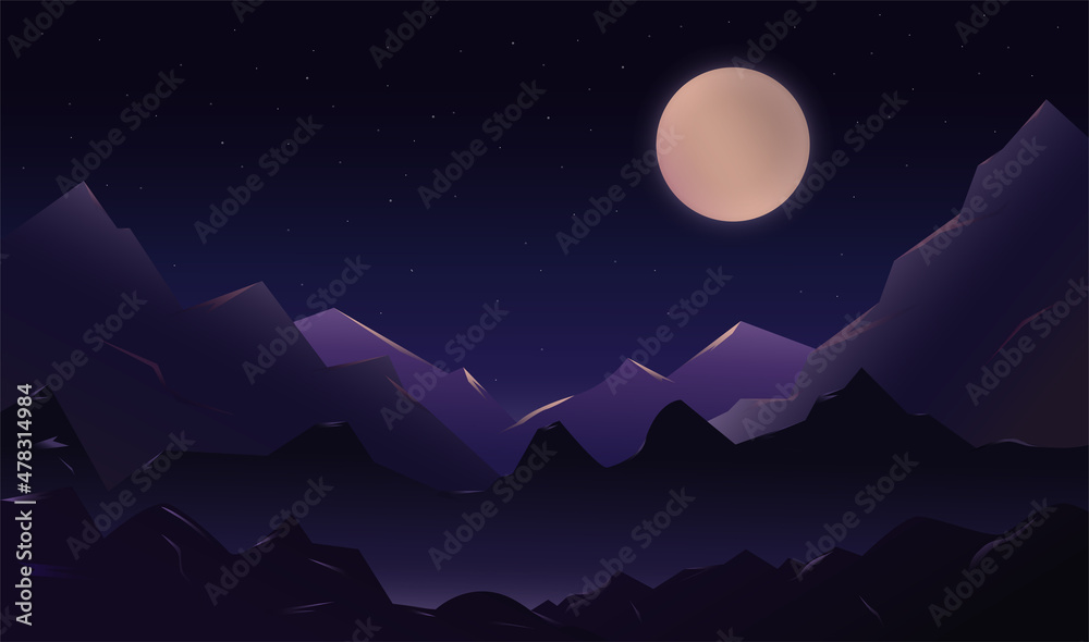 Beautiful night landscape with moon and mountains