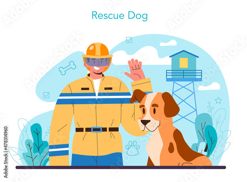 Rescue dog. Dog handler concept. Training exercise for social services dogs