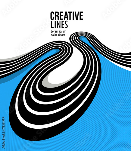 3D lines in motion vector abstract background, creative and dimensional curved stripes dynamic composition, motion and technology.