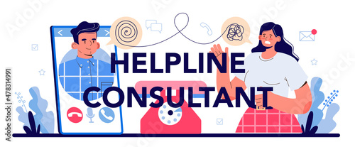 Helpline consultant typographic header. Support operator wearing headsets