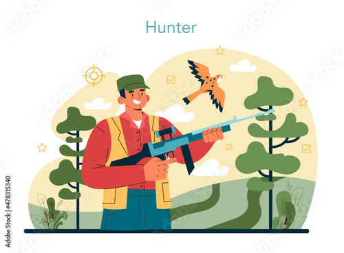 Hunter. Man with a weapon hunting in a woods with a dog. Hunting sport