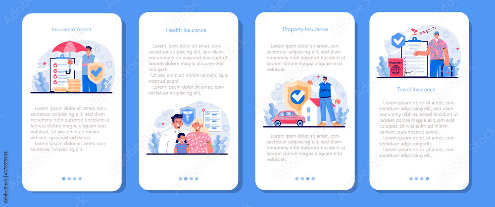 Insurance agent mobile application banner set. Idea of security and protection Insurance agent mobile application banner set. Idea of security and protection