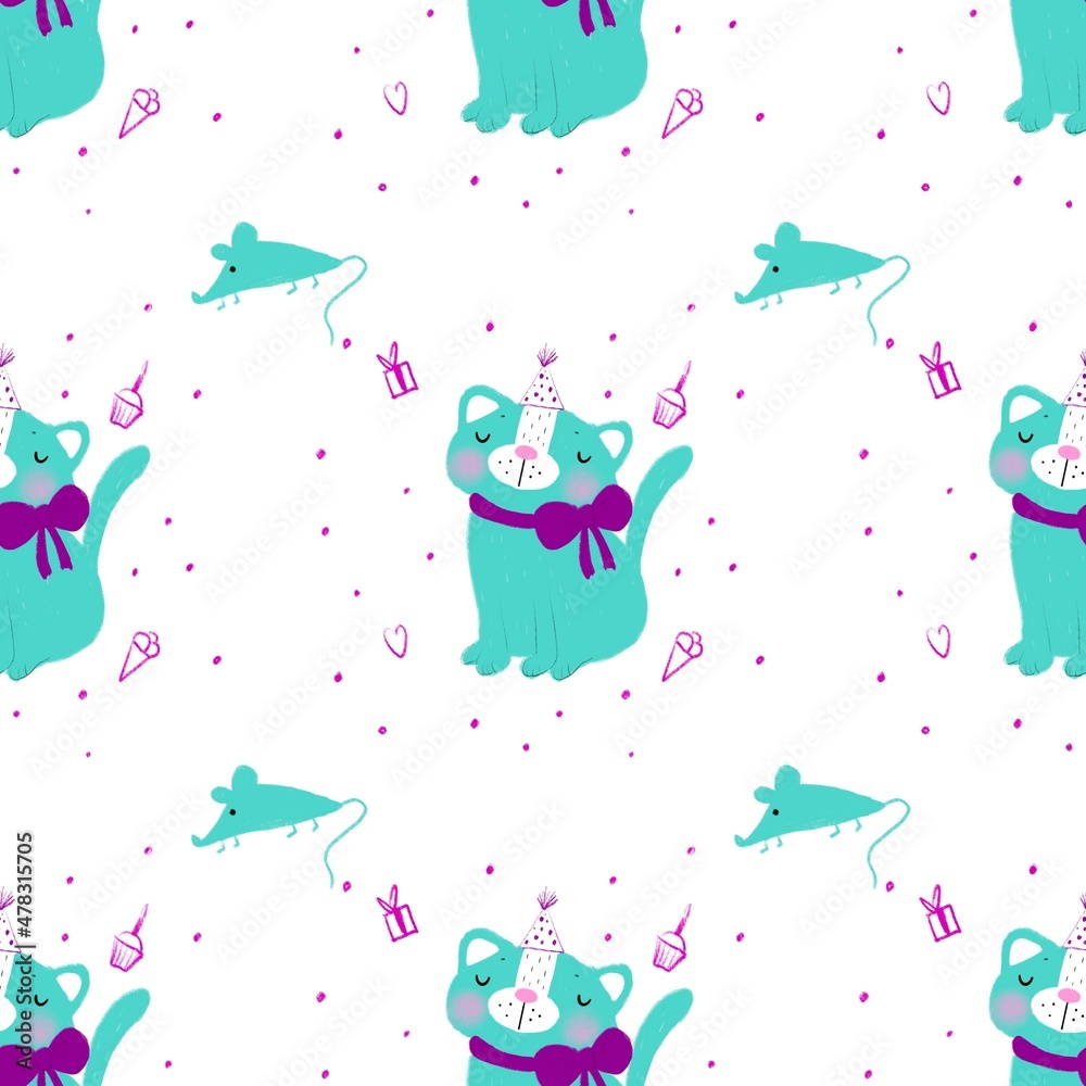 seamless pattern with kitten for birthday 