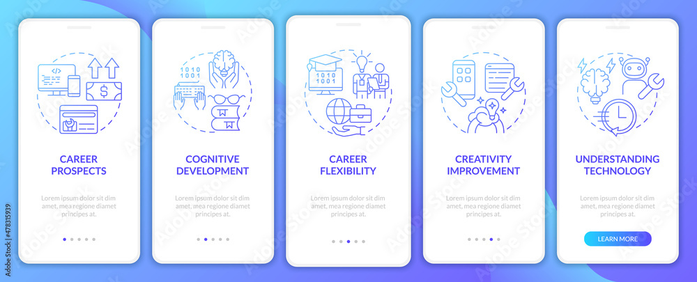 Why to learn to code blue gradient onboarding mobile app screen. Tutoring walkthrough 5 steps graphic instructions pages with linear concepts. UI, UX, GUI template. Myriad Pro-Bold, Regular fonts used