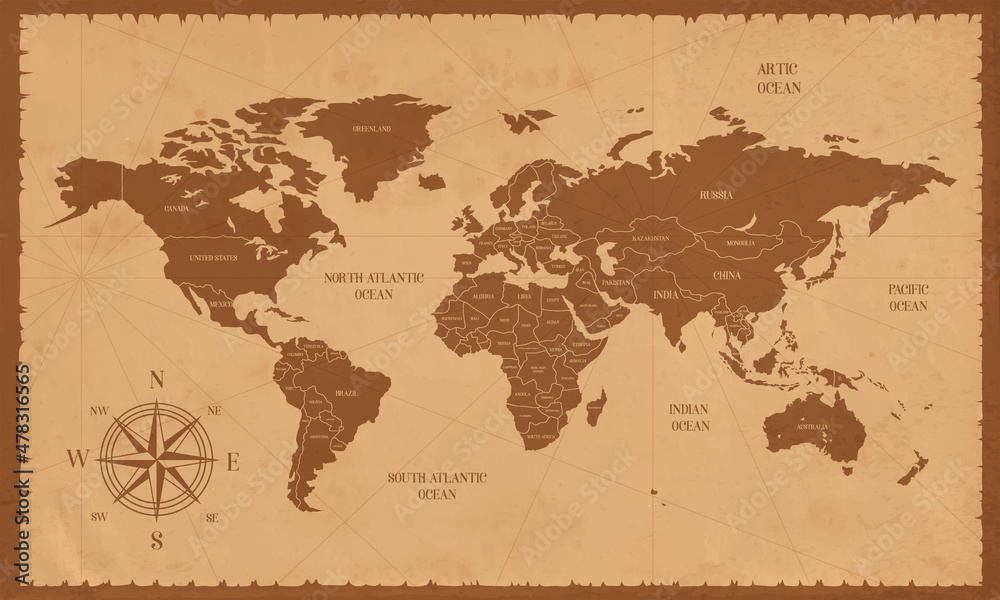 Fototapeta Stara mapa świata w stylu vintage. Mapa polityczna świata vintage. Zasoby wektorowe