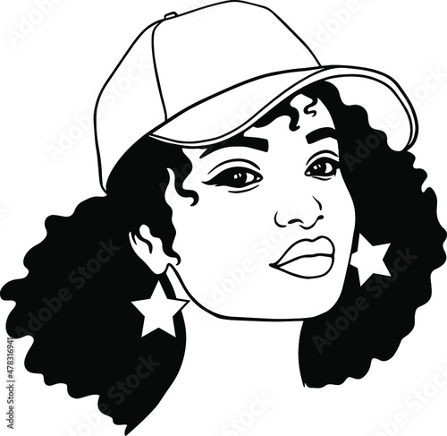 Simple afro woman in a baseball cap. Girl with earrings and curly hair. silhouette vector illustration design isolated black background. Cut and print file