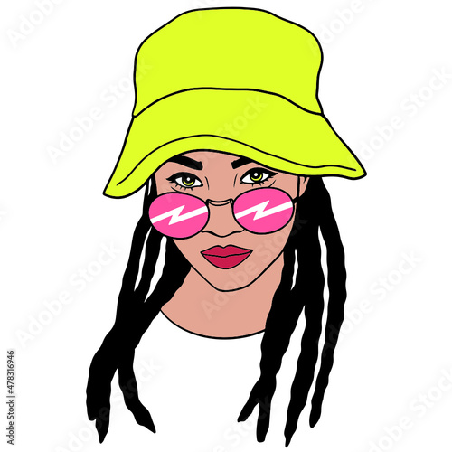 Stylish Girl with Bucket Hat and Sunglasses – Vector Illustration