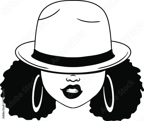 Simple afro woman in floppy sunhat hat. A girl with earrings and curly hair. silhouette vector illustration design isolated black background.Cutting and print file