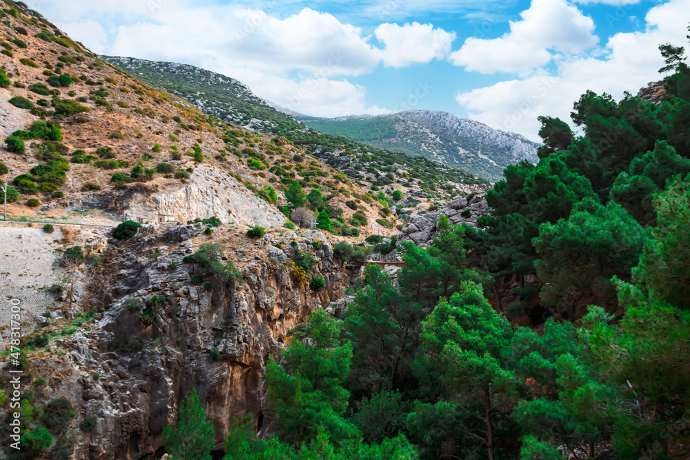 Fototapeta premium Caminito del Rey walking trail , Kings little pathway, Beautiful views of El Chorro Gorge, Ardales, Malaga, Spain.