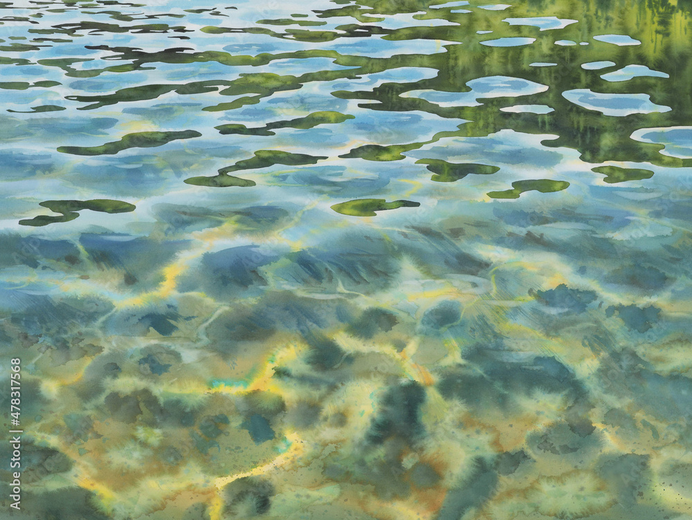 Blue lagoon water ripples with reflections watercolor background Blue lagoon water ripples with reflections watercolor background