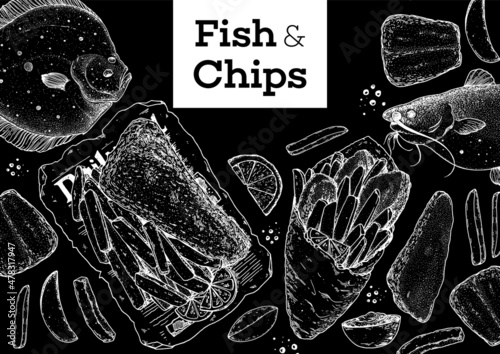 Fish and chips sketch vector illustration. British pub food. Hand drawn sketch. Cooking fish and chips. Engraved hand drawn vintage image. Menu design template.
