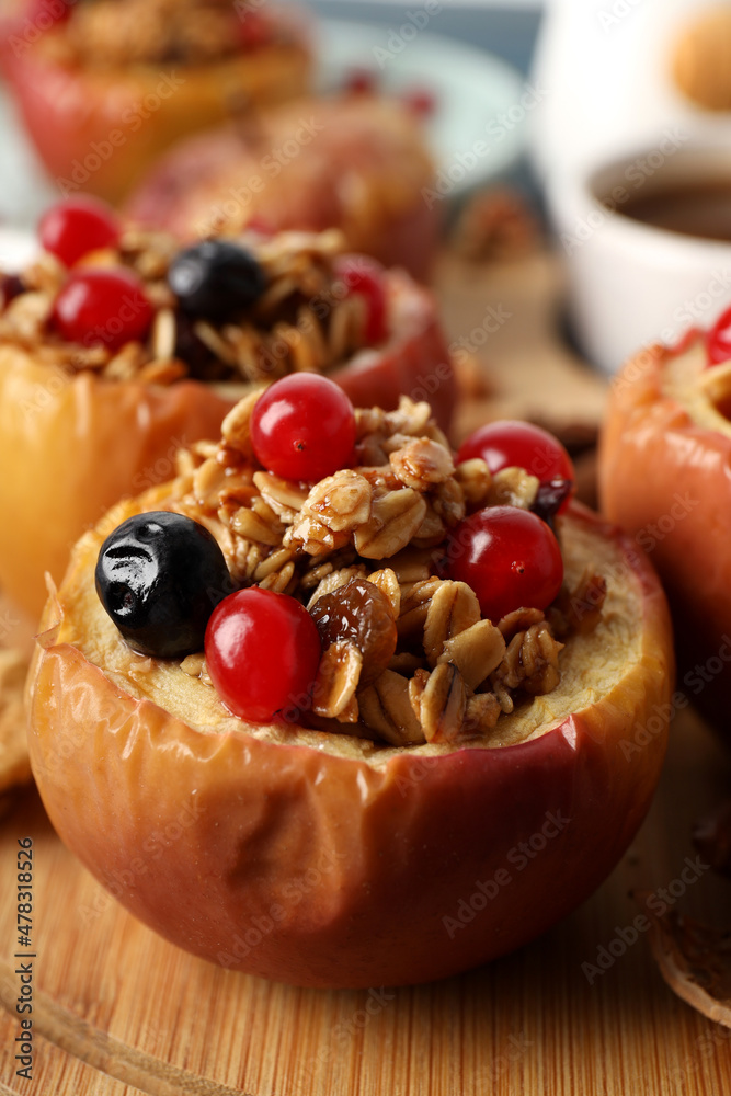 Fototapeta premium Concept of tasty food with baked apple, close up