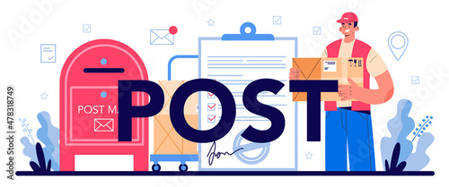 Post typographic header. Post office staff providing mail service
