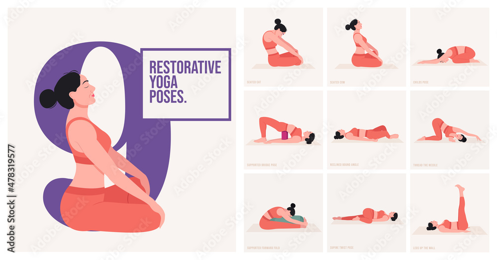 Restorative Yoga poses. Young woman practicing Yoga poses. Woman workout fitness and exercises.
