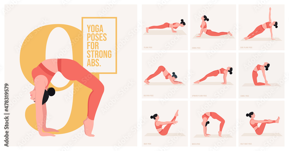 Yoga poses For Strong ABS. Young woman practicing Yoga poses. Woman workout fitness and exercises.