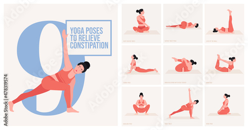 Yoga poses to relieve constipation. Young woman practicing Yoga poses. Woman workout fitness and exercises.