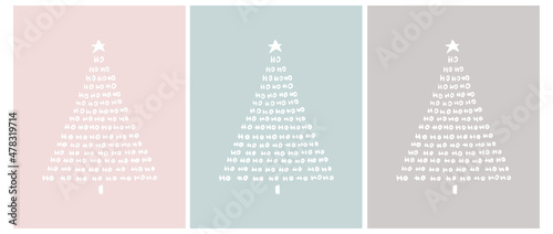 Christmas Vector Cards. White and Black Christmas Tree Isolated on a Pastel Pink, Mint Blue and Light Gray Background. Cute Christmas Tree Made of Handwritten Ho Ho Ho.