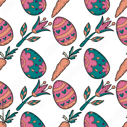 Easter vector pattern
 eggs and carrots.
A type of pattern and decoration for the backrest for textiles, covers and packaging.
