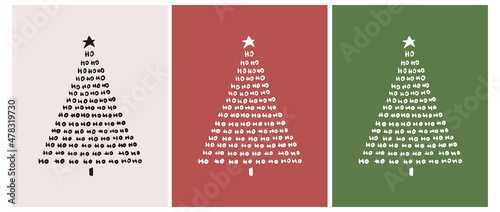 Christmas Vector Cards. White and Black Christmas Tree Isolated on a Red, Beige and Green Background. Cute Christmas Illustration in 3 Different Colors. Tree Made of Handwritten Ho Ho Ho.