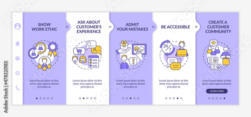 Customer service tips purple and white onboarding template. Good client support. Responsive mobile website with linear concept icons. Web page walkthrough 5 step screens. Lato-Bold, Regular fonts used