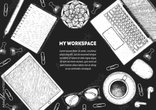 Office desk table top view sketch. Workspace with laptop, notebook, coffee cup, plant, pencil, pen, glasses, headphones. Hand drawn vector illustration. Business concept.