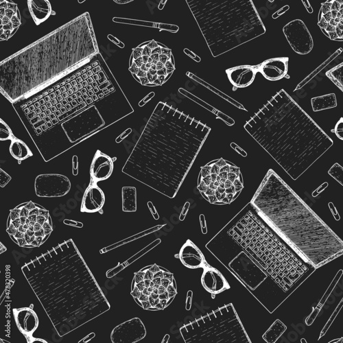 Seamless pattern. Office desk table top view sketch. Workspace with laptop, notebook, plant, pencil, pen, glasses, headphones. Hand drawn vector illustration. Business concept.