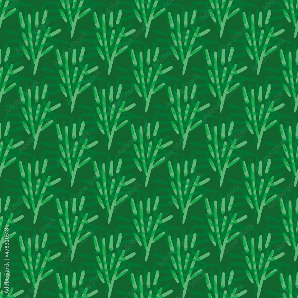 Fototapeta premium Green sprigs vector seamless pattern background. Branches of abstract rosemary plant backdrop. Painterly doodle greenery geometric design. Monochrome blended paint effect botanical herb repeat.