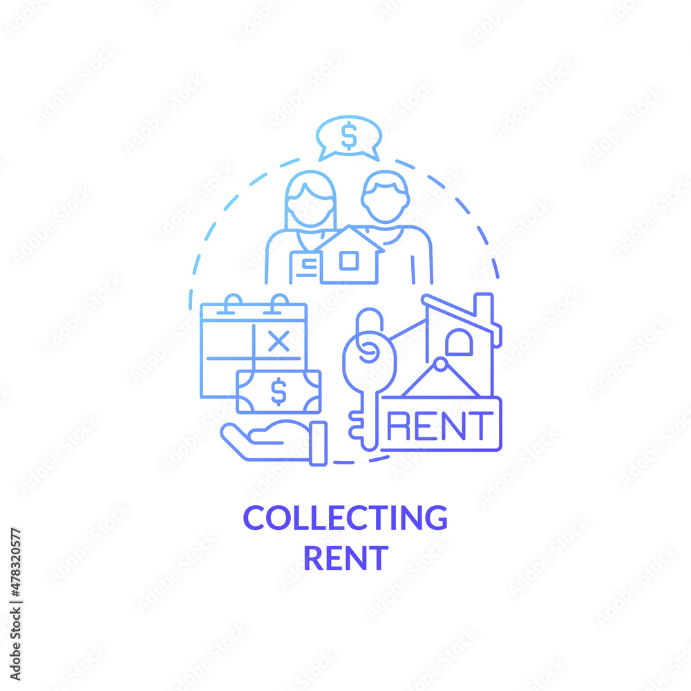 Collecting rent blue gradient concept icon. Regular payments for rental apartment abstract idea thin line illustration. Isolated outline drawing. Roboto-Medium, Myriad Pro-Bold fonts used