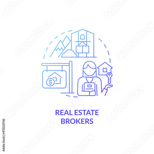 Fototapeta Naklejka Na Ścianę i Meble -  Real estate brokers blue gradient concept icon. Customers of realty manager abstract idea thin line illustration. Isolated outline drawing. Roboto-Medium, Myriad Pro-Bold fonts used