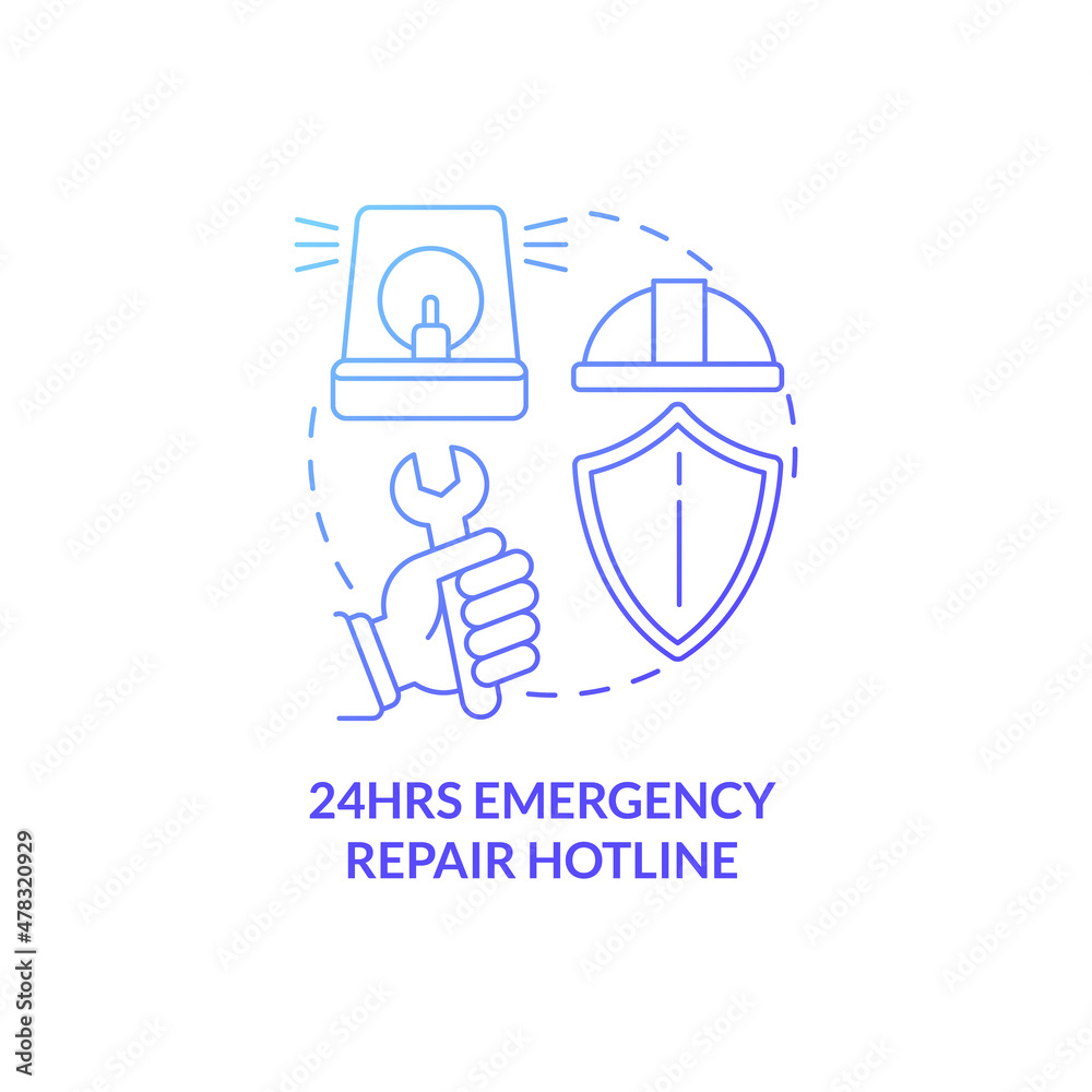 Emergency repair hotline blue gradient concept icon. Tenants support service abstract idea thin line illustration. Isolated outline drawing. Roboto-Medium, Myriad Pro-Bold fonts used