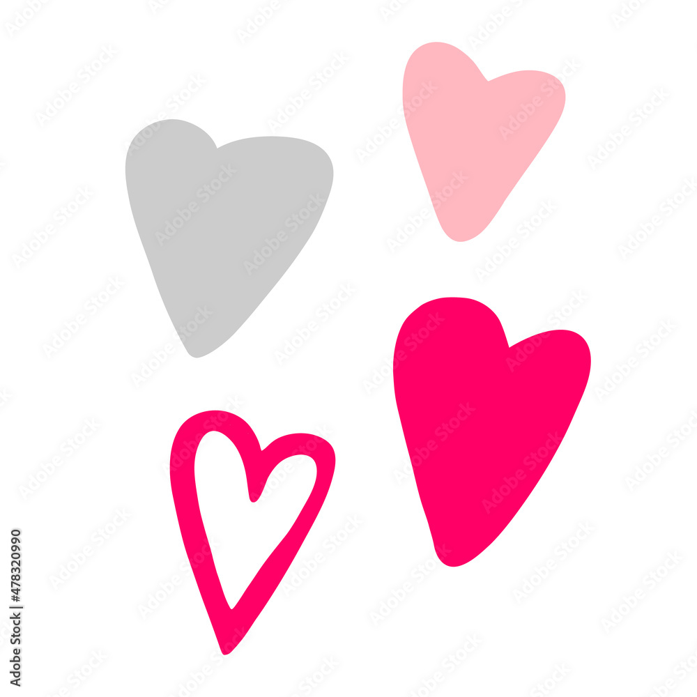 Group of different hearts isolated on white background. Raspberry, pink and gray heart. Drawn in a flat style and line. Hand drawn. Vector illustration.