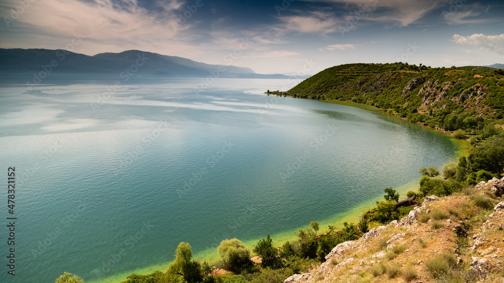 Blue skies with summer clouds over the lake and mountains