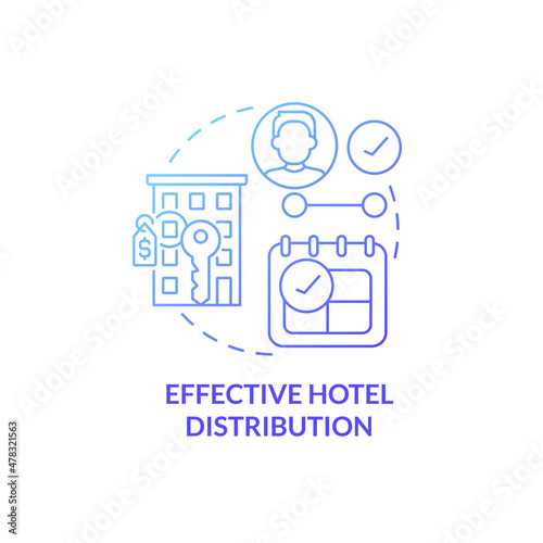 Effective hotel distribution blue gradient concept icon. Real estate management system abstract idea thin line illustration. Isolated outline drawing. Roboto-Medium, Myriad Pro-Bold fonts used