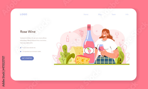 Wine web banner or landing page. Grape wine in a bottle and glass full