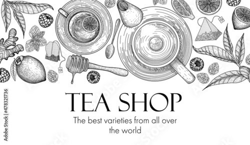 Horizontal vector banner template for a tea shop. Graphic linear teapot and cup of tea, spoon, tea leaves, honey, ginger, raspberry, mint, lemon, tea bags