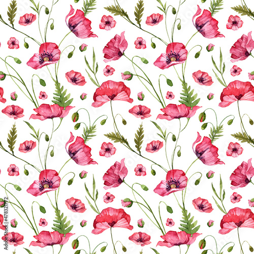 Square seamless pattern with cute red poppy flowers and green leaves on a white background. Hand painted watercolor poppy botany