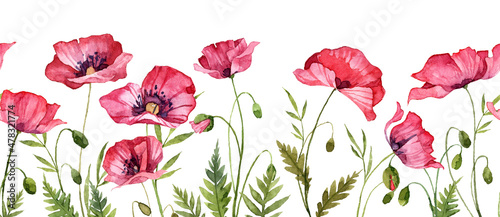 Watercolor hand painted seamless banner with red flowers. Long field with poppie with green leaves. Greeting card design bottom element © Daria Doroshchuk
