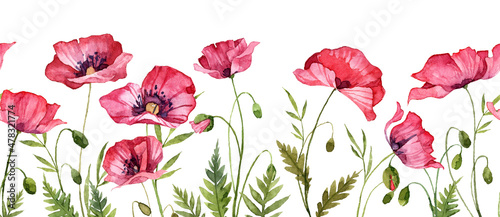 Watercolor hand painted seamless banner with red flowers. Long field with poppie with green leaves. Greeting card design bottom element